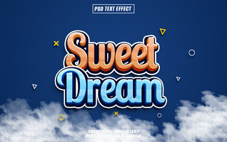3d texto efeito doce Sonhe texto dentro uma azul e laranja cor esquema com nuvens e uma azul fundo. psd