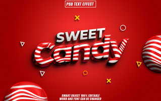 3d texto efeito do doce doce com vermelho e branco listrado doce elementos em uma vermelho fundo psd