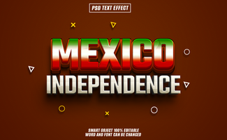 3D text effect of Mexico Independence in red, white, and green, with a brown background and geometric shapes. psd