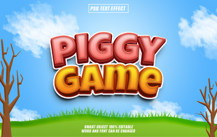 3D text effect of Piggy Game in cartoon style with a background of a grassy hill and blue sky. psd
