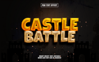 A 3D text effect with the words Castle Battle in gold and yellow with a medieval castle silhouette in the background. psd