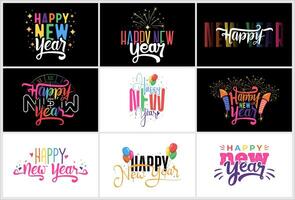 happy new year text calligraphy set design with using rainbow colors vector