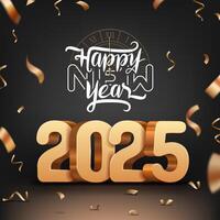2025 3d golden number and happy new year text calligraphy design with golden confetti on black background vector