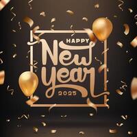 happy new year 2025 unique and creative text calligraphy design with golden balloons and confetti on black background vector