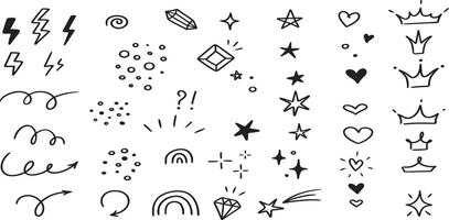 Sketch underline, emphasis, arrow shape set. Hand drawn brush stroke, highlight, speech bubble, underline, sparkle element vector