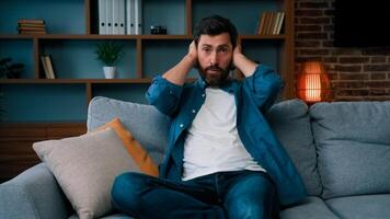 Stressed tired single father desperate about active difficult naughty playful girl child running at home exhausted dad babysitter cover ears avoid noisy disobedient kid nervous divorced man need rest photo