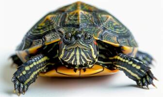 Close-Up Of A Red-Eared Slider Turtle In Front Of A White Background photo