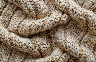 Close-Up View of Knitted Fabric With White and Tan Yarn photo