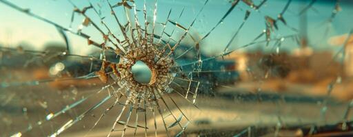 Close Up of a Bullet Hole in Shattered Windshield of Car photo
