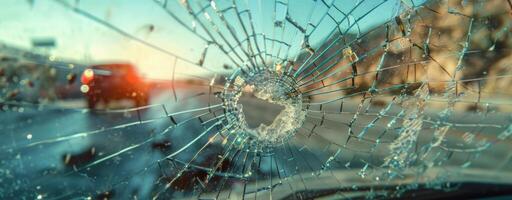Close Up of a Bullet Hole in Shattered Windshield of Car photo