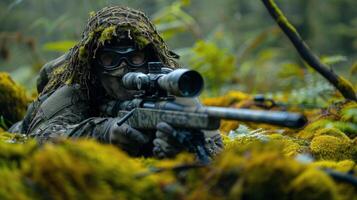Camouflaged Sniper Aiming Through Scope in Mossy Forest photo