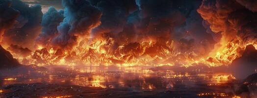 Fiery Mountain Range Engulfed in Flames at Night photo