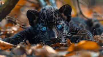 Black Panther Cub With Striking Blue Eyes in a Lush Forest photo