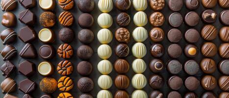 Assorted Chocolate Truffles in Rows on Grey Background photo