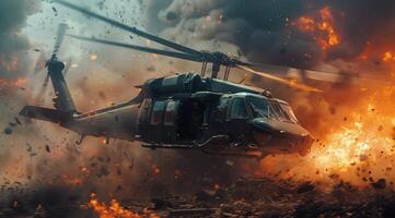 Black Hawk Helicopter Flying Through Fire and Debris photo