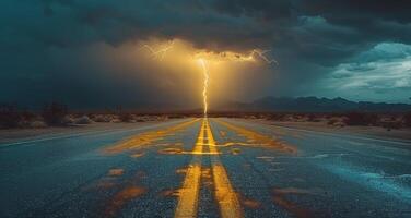 Empty Desert Highway Under A Dramatic Lightning Storm photo