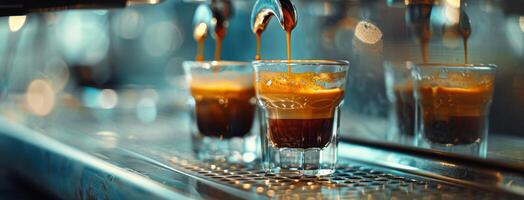 Espresso Machine Pouring Coffee Into Glass Cups photo