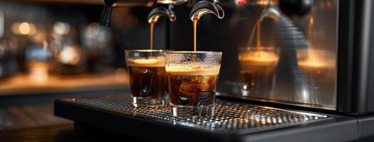 Espresso Pouring Into Clear Glass Cups on Metal Drip Tray photo