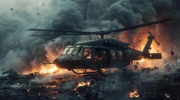 Military Helicopter Flying Through Smoke and Fire photo