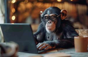Chimpanzee Working on Laptop in a Cafe photo