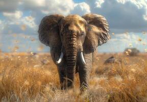 African Elephant Standing in Tall Grass Under a Blue Sky photo