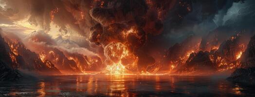 Fiery Mountain Range Engulfed in Flames at Night photo