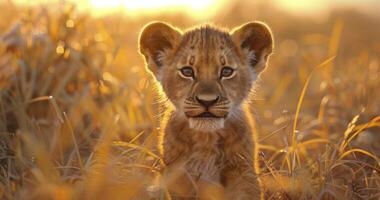A Young Lion Cub In Grassy African Savanna At Sunset photo