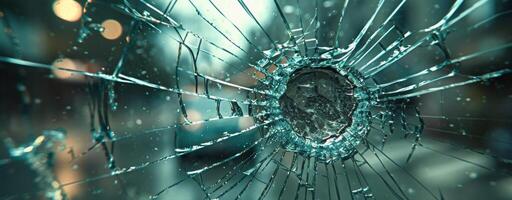 Close Up View of a Bullet Hole in a Shattered Window photo