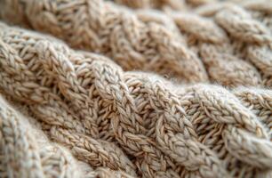 Close Up of Beige Cable Knit Fabric Texture photo