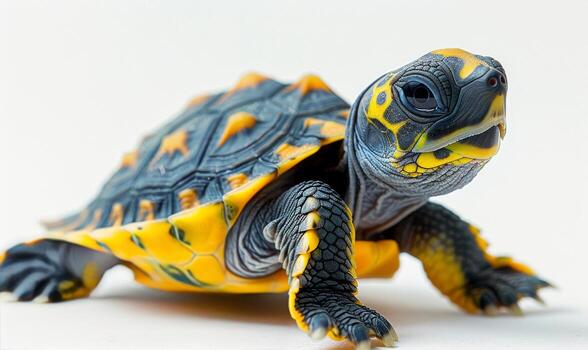 Close Up of a Yellow-Marked Turtle on White Background photo
