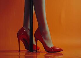 Red And Black High Heel Shoe On Orange Background photo