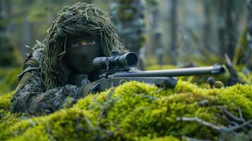 Camouflaged Sniper Aiming Rifle In Forest photo