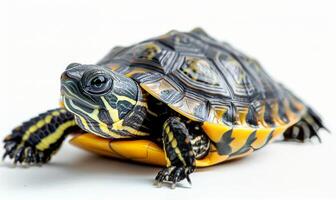 Close Up of a Yellow-Marked Turtle on White Background photo