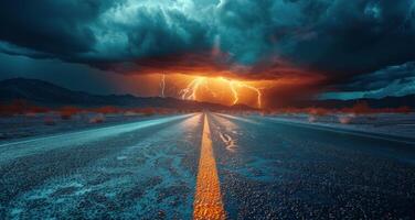 Empty Desert Highway Under A Dramatic Lightning Storm photo