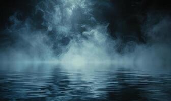 Moody Fog Over a Calm Blue Lake at Night photo