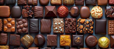 Assorted Chocolate Truffles in Rows on Grey Background photo
