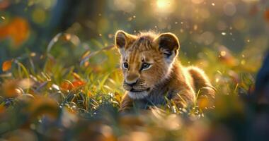 Close Up of a Lion Cub in the Grass photo