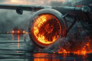 Airplane Engine Fire During Takeoff On Rainy Runway photo