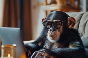 Chimpanzee Working on Laptop in a Cafe photo