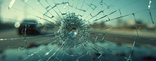 Close Up of a Bullet Hole in Shattered Windshield of Car photo