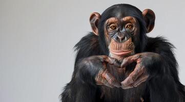 Chimpanzee Making Heart Shape With Hands Against White Background photo
