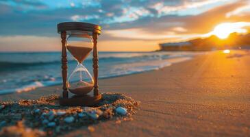 Hourglass On Sandy Beach At Sunset photo