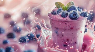 Close Up Of A Glass Of Fresh Blueberry Smoothie With Mint And Sugar photo