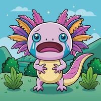 Adorable Cartoon Illustration of a Crying Axolotl with Tears and a Heartfelt Expression vector