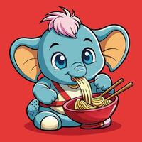 Adorable Elephant Indulging in a Hearty Ramen Delight with Chopsticks vector