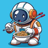 Adorable Astronaut Floating Joyfully in a Bowl of Ramen, Adorned with Chopsticks vector