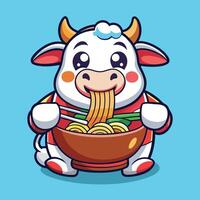 Kawaii Cow Indulging in a Savory Ramen Noodle Delight vector