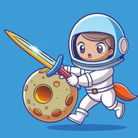 Adorable Astronaut Defending Moon and Star with Mighty Sword vector