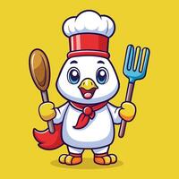 Cartoon chicken chef holding a spatula and fork vector