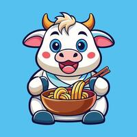 Cheerful Cow Savoring Delicious Ramen Noodle in Cartoon Style vector